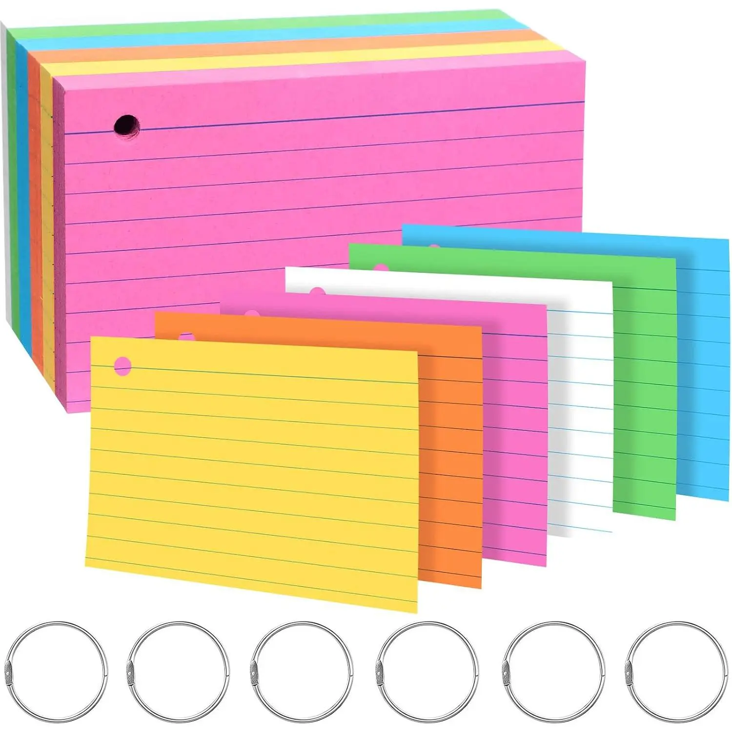 300 count Colored Ruled Index Cards with 6 Rings 180 Gsm Thick Neon Color Study Flash Cards Single Hole Punched Lined Flashcards Studying Notecards  Side for Study(3 x 5 in, Color)