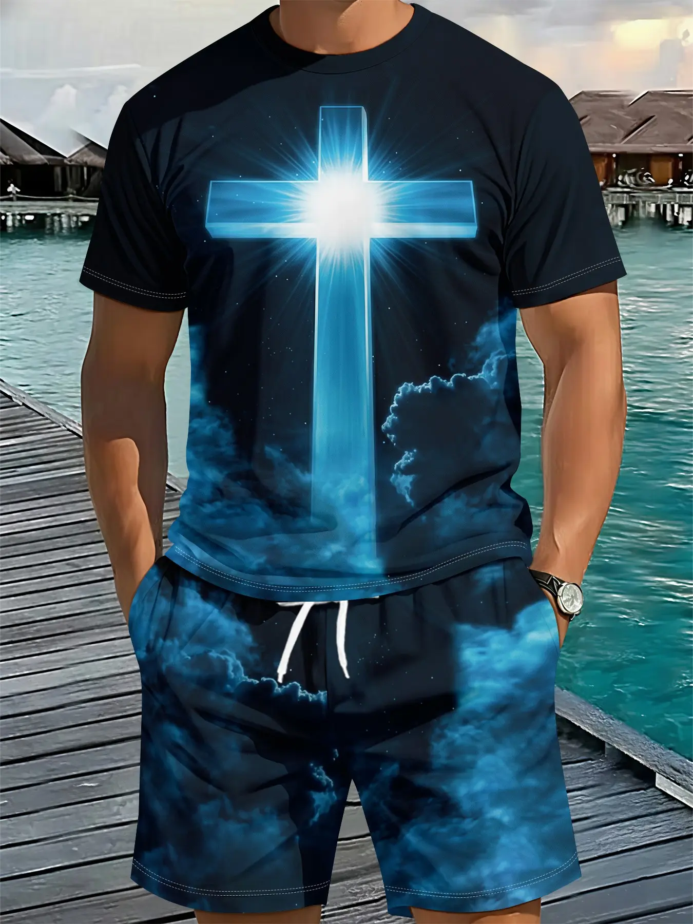 Men's Short-Sleeve and Shorts Two-Piece Set with Full-Print Design of Dark Blue Starry Sky, Luminous Cross and Sea of Clouds. This Men's Outfit Boasts a Serene Ambience, Adopting 3D Digital Printing. It Is Comfortable, Loose, Breathable Sportswear for Cas
