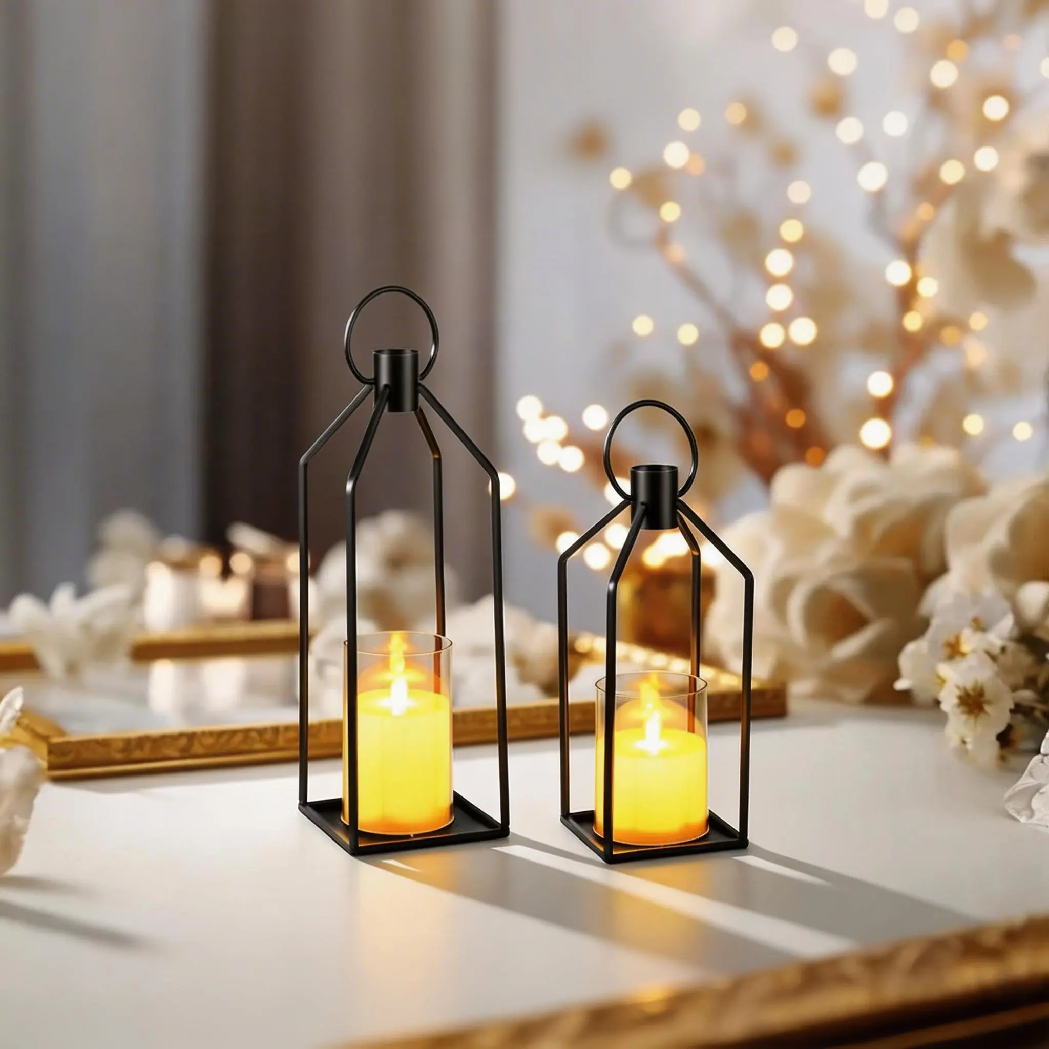 Iron Hanging Minimalist LED Real Wax Candlestick Set (3-Piece) - Modern Decorative Candle Holders for Living Room, Weddings, Outdoors