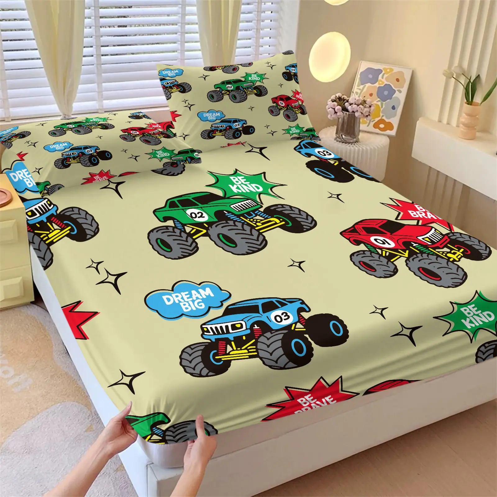 Cartoon Excavator Fitted Sheet Set, 1 Fitted Sheet & 2 Pillowcase No Filling, Construction Truck Print Bed Sheet Set, Soft for Toddler Room, Kids Nursery & Children Room Makeover