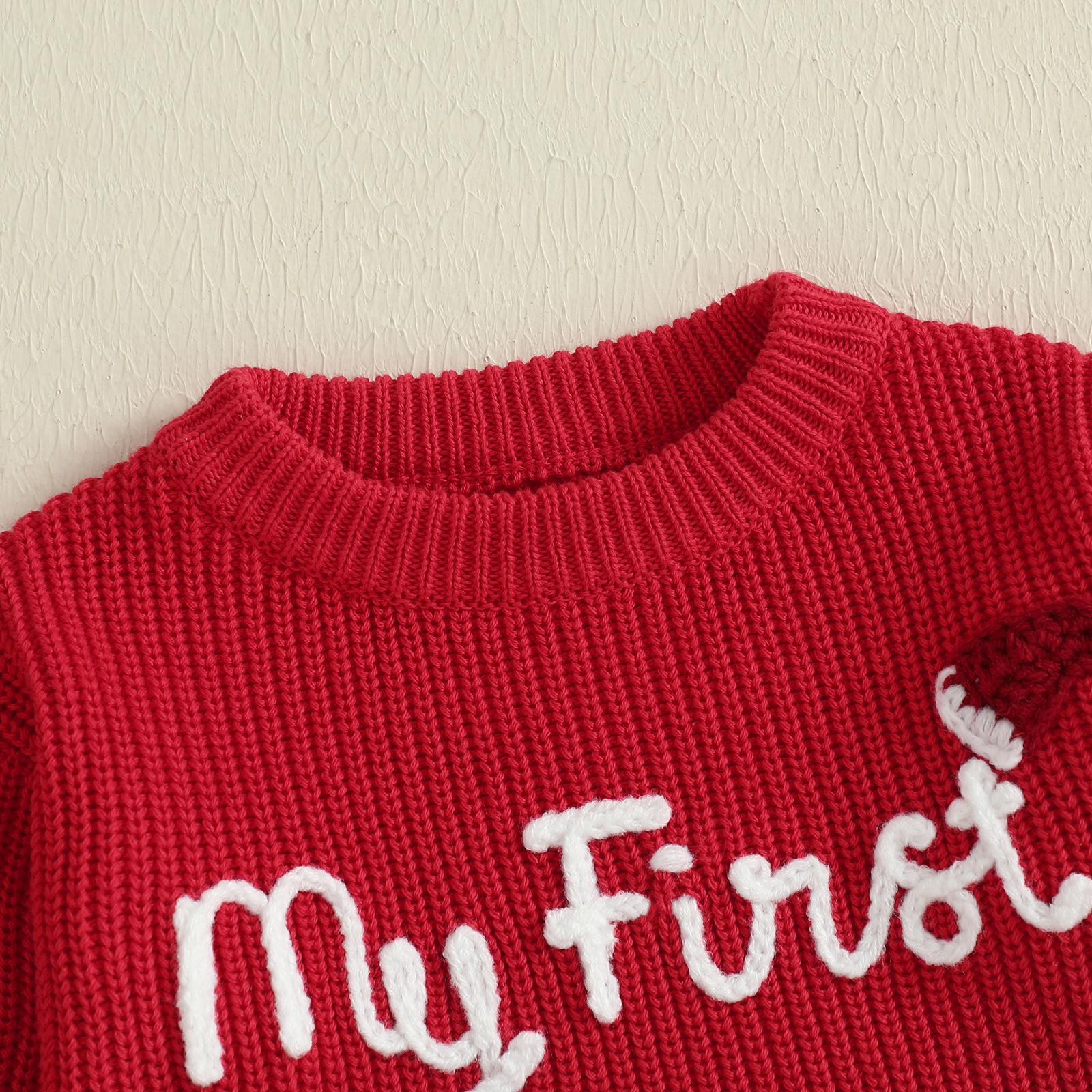 Infant Baby Girls Boy Knit Sweater Christmas Hat and Letter Embroidery Crew Neck Pullover Long Sleeve Tops 0-18 Months