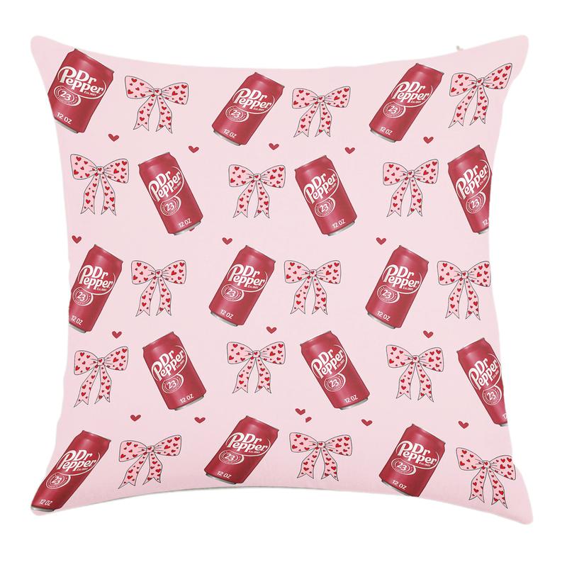 Dr Pepper Original Flavor Pink Bowswith Red Hearts  Throw Pillow Cover Single-sided printing Linen Material ,Bedroom Sofa Decorations.