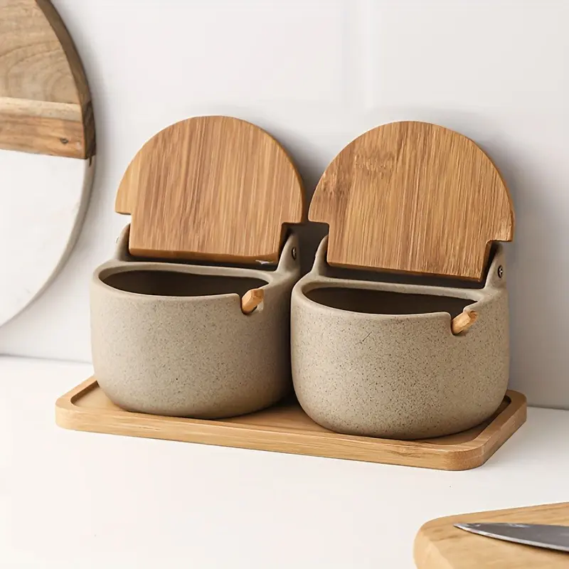 Japanese Ceramic Condiment Jar with Lid, Spice Jars, Condiment Containers, Perfect for Sugar Salt and Spices, Ideal for Kitchen Table and BBQ, Rustic Style Design