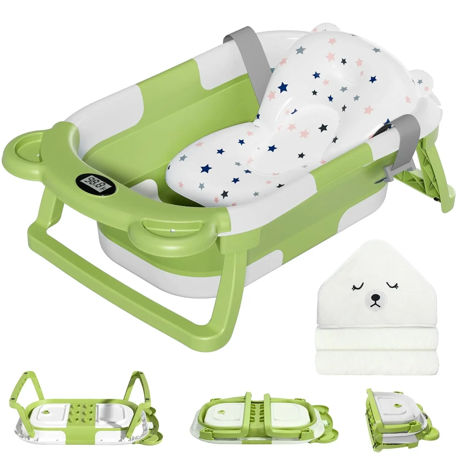 Foldable Infant Bathtub Set for 0-2 Years, Portable Travel Baby Tub with Soft Floating Cushion, Thermometer, Hooded Towel, Bathroom Essential