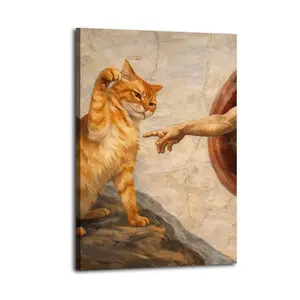 Cat And God's Hand Canvas Painting| Bedroom Art | Bathroom Art | Trendy Wall Art | Funky Wall Art