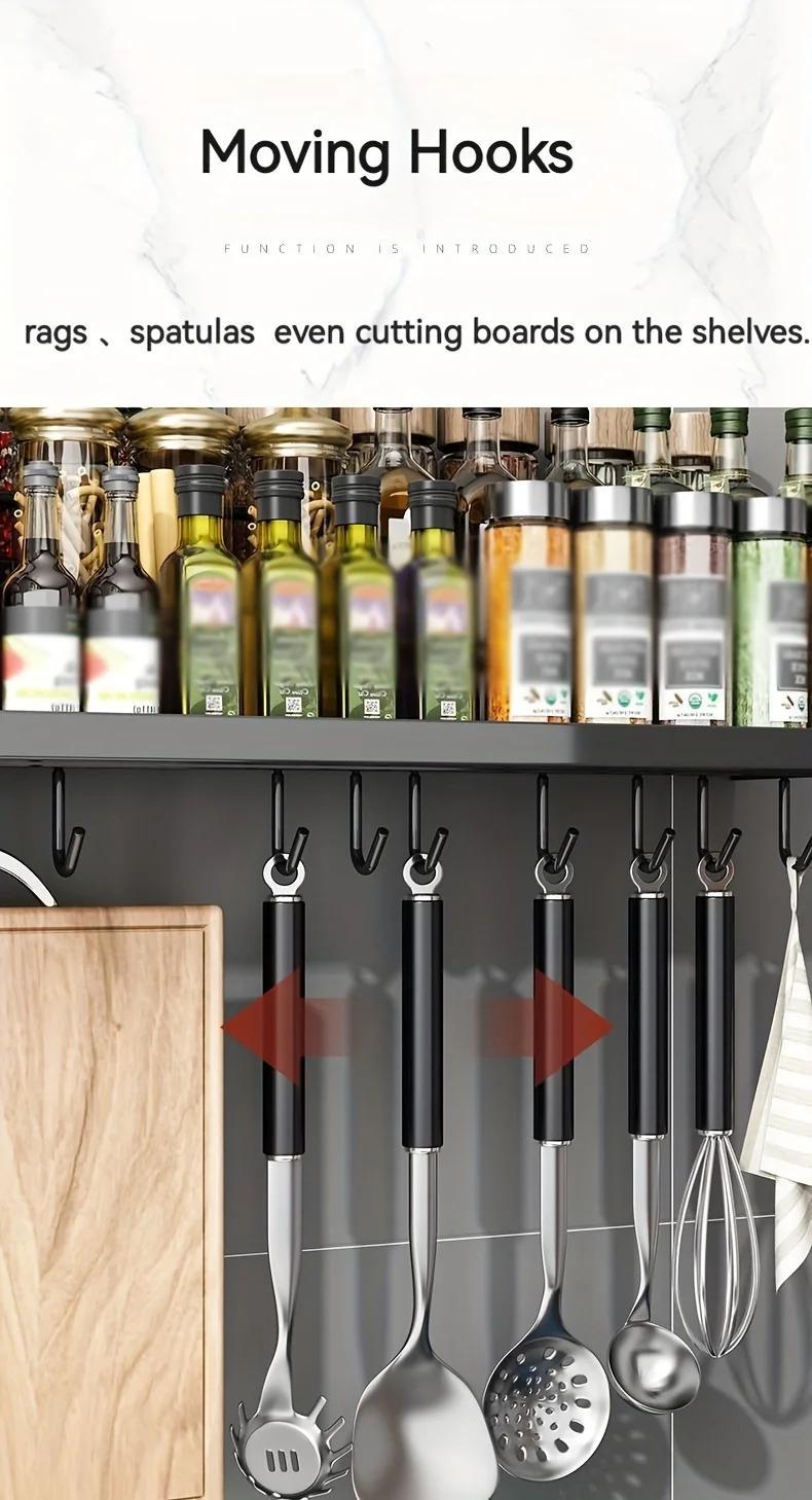 Double-layer Kitchen Spice Knife Storage Rack For Home Storage Decoration 7.68 inches width Wall-mounted Multifunctional Holder Punching-free Storage Organizer With Chopsticks Towel Rail and Utensil Hook