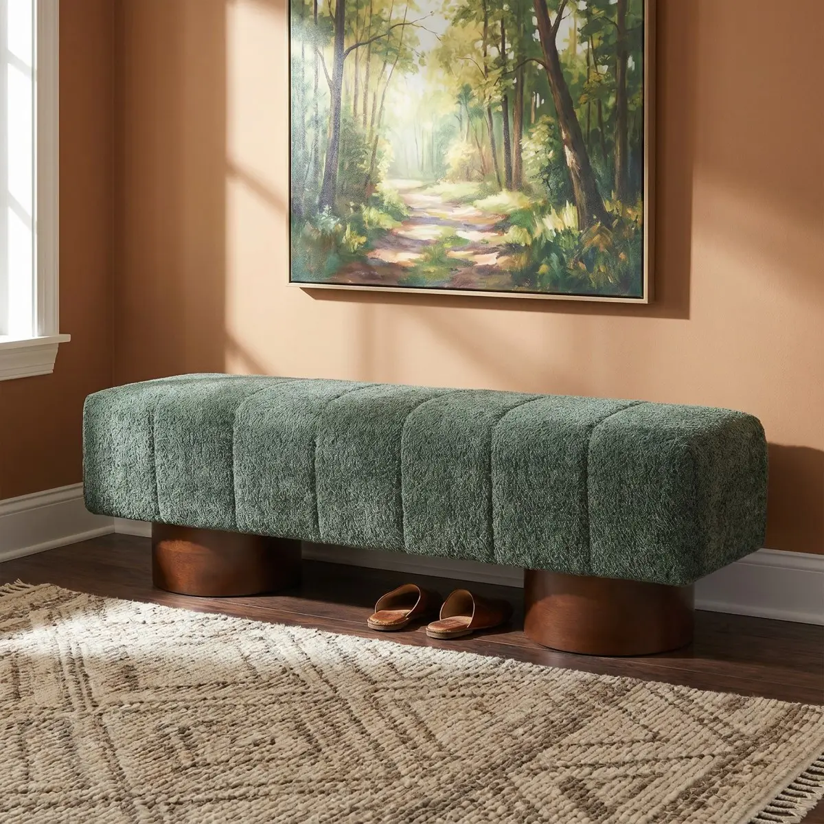 Green Boucle Upholstered Indoor Dining Bench, Rubber & Plywood Frame, 61.02" L Modern Accent Bench, 250 lbs Capacity