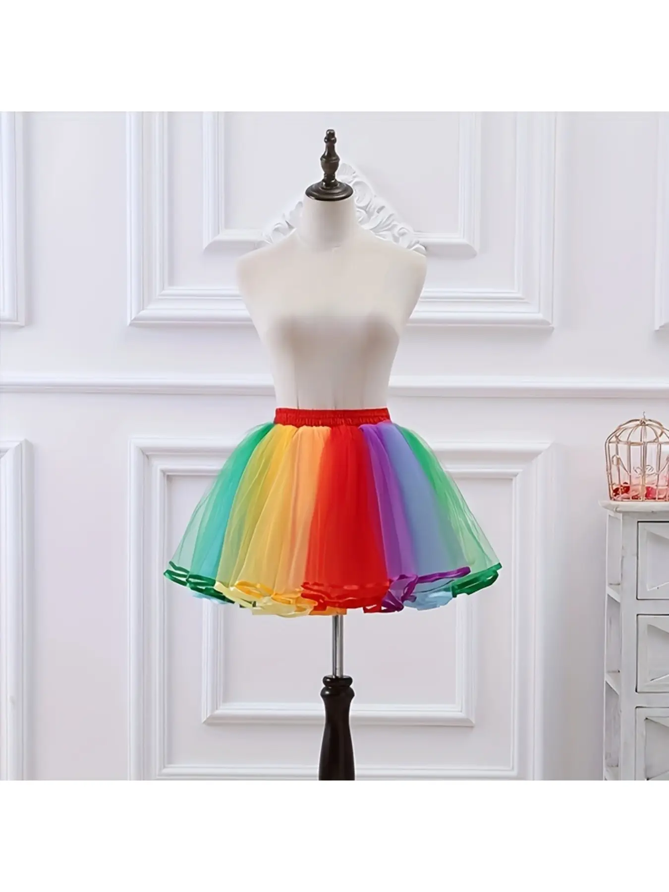 Colorful mesh patchwork puff skirt with rainbow petticoat and lining for stage performance, fashion show, and styling.