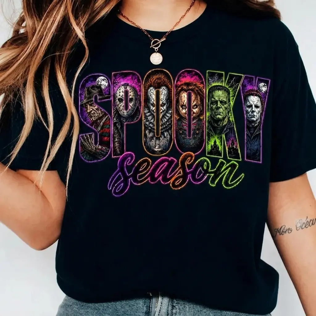 Neon Horror Halloween Shirt, Retro Scary Movie Graphic Tee, Vintage Horror Character T-Shirt, Spooky Season Fall Apparel