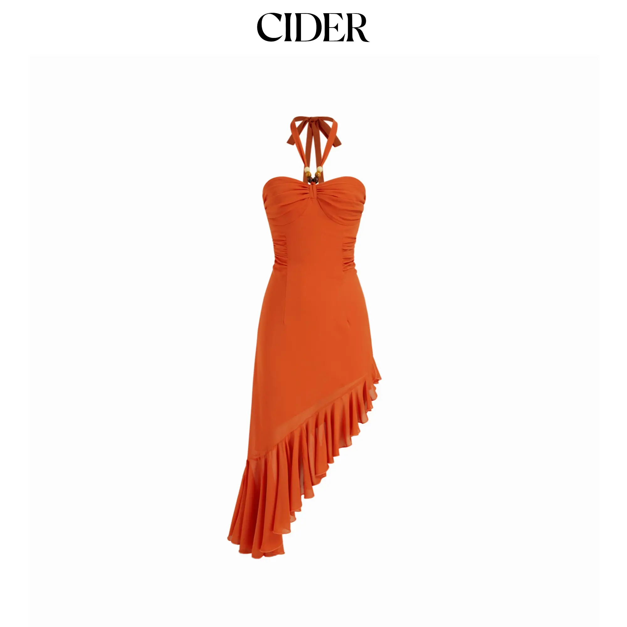 Cider Chiffon Halter Neckline Beaded Ruched Asymmetrical Ruffle Hem A-line Maxi Dress SohoChic