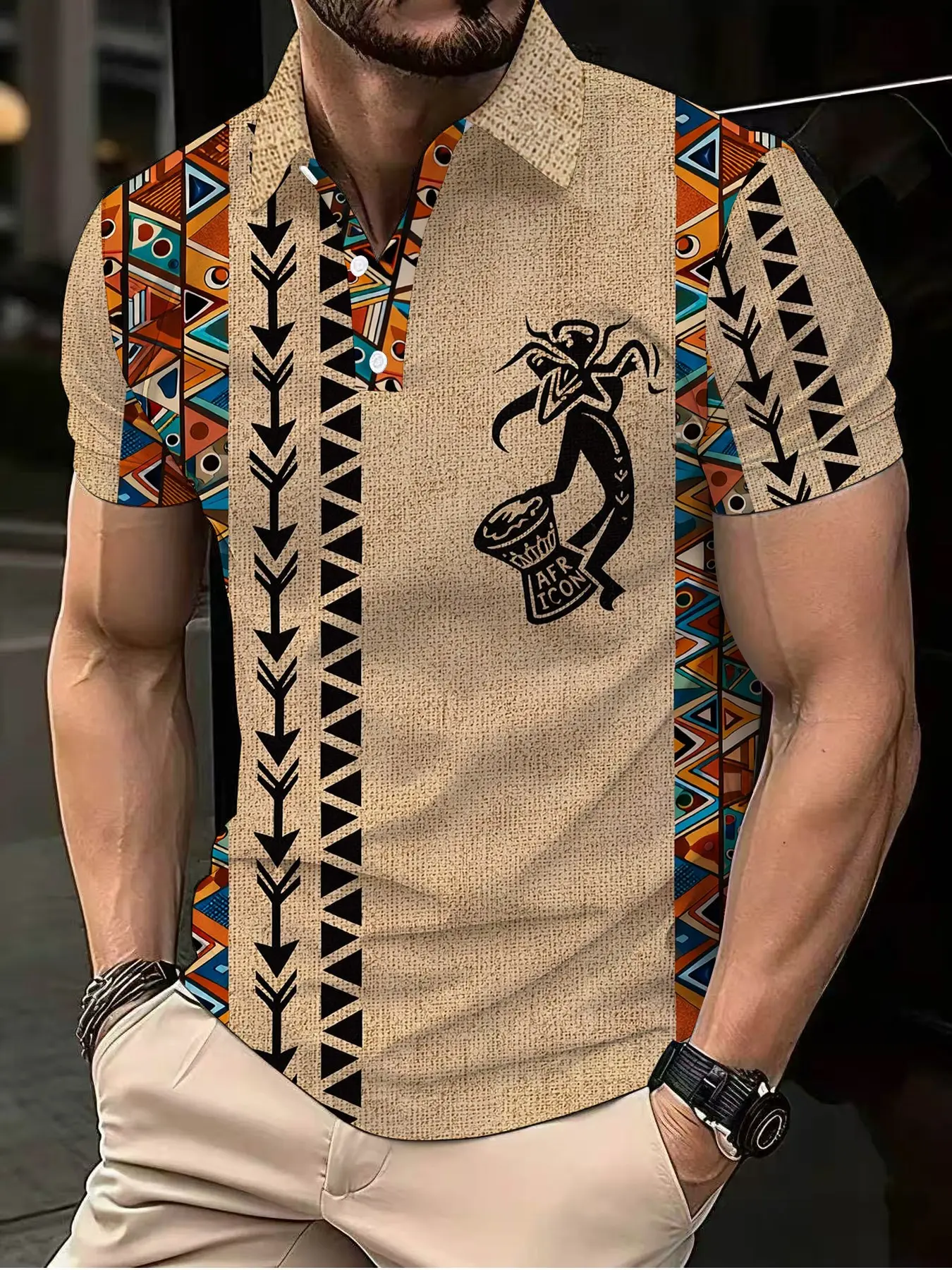 African Drummer Totem Geometric Color-Blocking Vintage Collared Short-Sleeved Polo Shirt