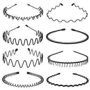 Metal HairBand for Men, Unisex Wavy Spring Hair Band, Black Zig Zag Headband, Fashion Elastic Hair Accessories Perfect for Outdoor Sports and Daily Use (8 Pack)