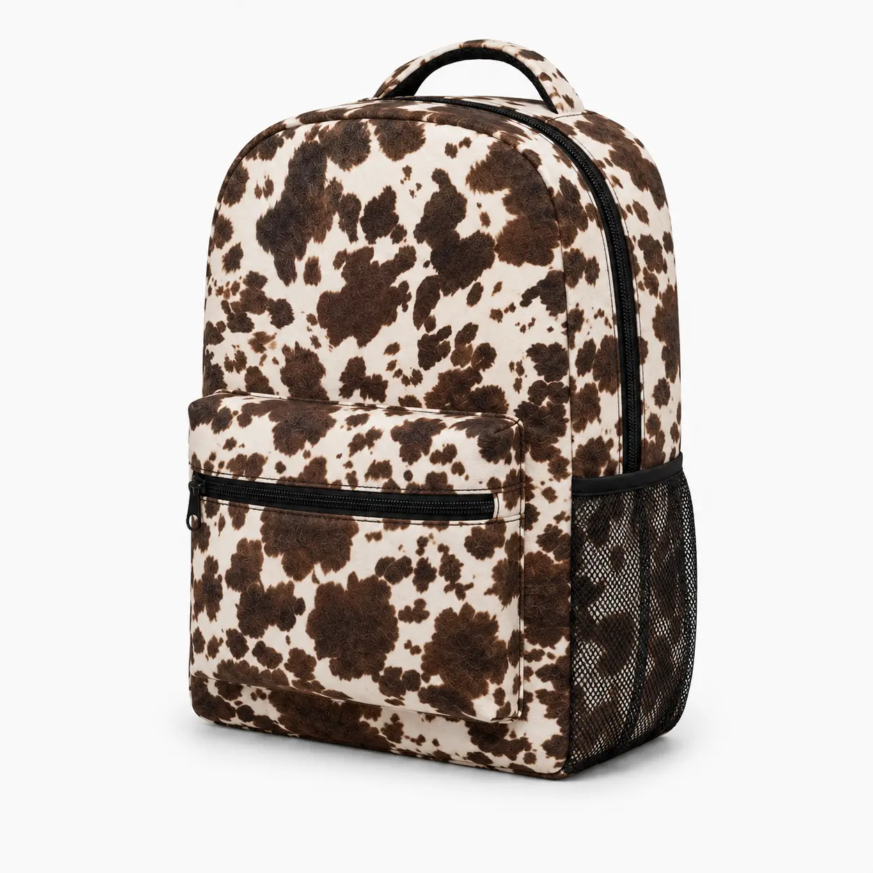 Cow Print Backpack, Brown White Animal Pattern School Bookbag with Front Zipper Pocket and Side Mesh Pocket, Lightweight Large Capacity Travel Daypack for Girls Women Teens