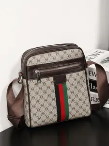 Men's Crossbody Bag Small Shoulder Bag, Casual Plaid Messenger Bag, Lightweight PU Leather, Wide Strap, Gift for Him