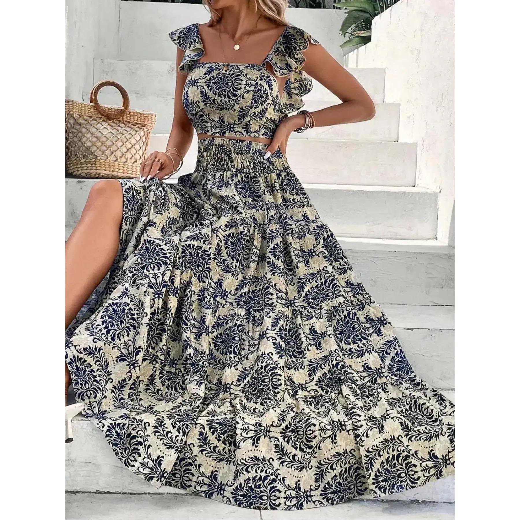 Women's Ethnic Pattern Butterfly-Sleeve Fitted Crop Top & Shirred High Waist A-Line Skirt Set, Womenswear Summer Boho Elegant Square-Neck Top & Ruffle-Hem Long Skirt for Beach Vacations and Holidays