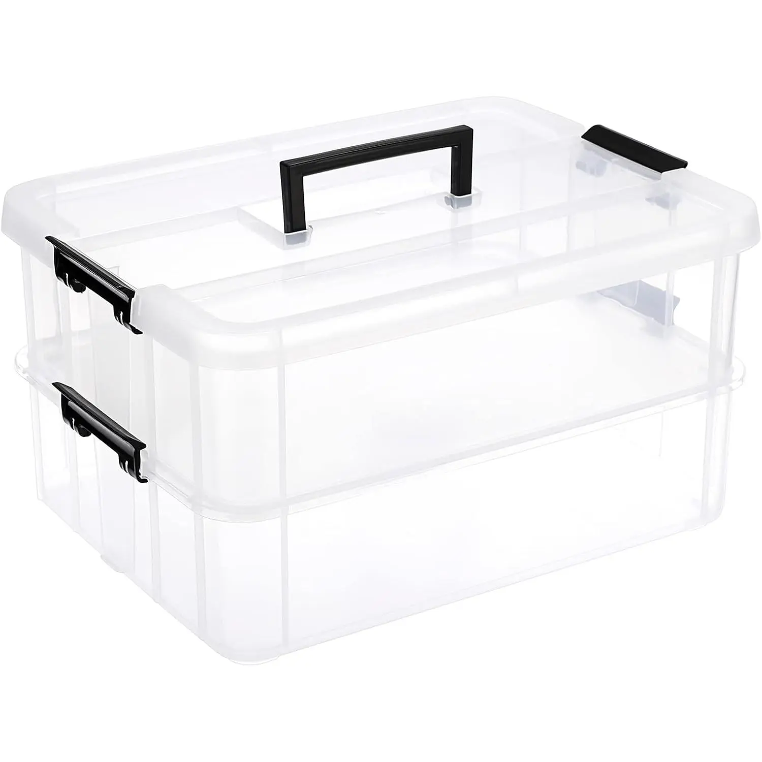 2-Stack Carry Box With Handle, Transparent Stackable Bin With Handle Lid Latching Container for School & Office Supplies