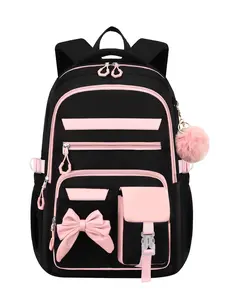 Sweet Bow Pattern Backpack, School Bag, Casual Zipper Backpack with Pom-Pom Ball, Fashionable Backpack for Women & Girls, Daily Use