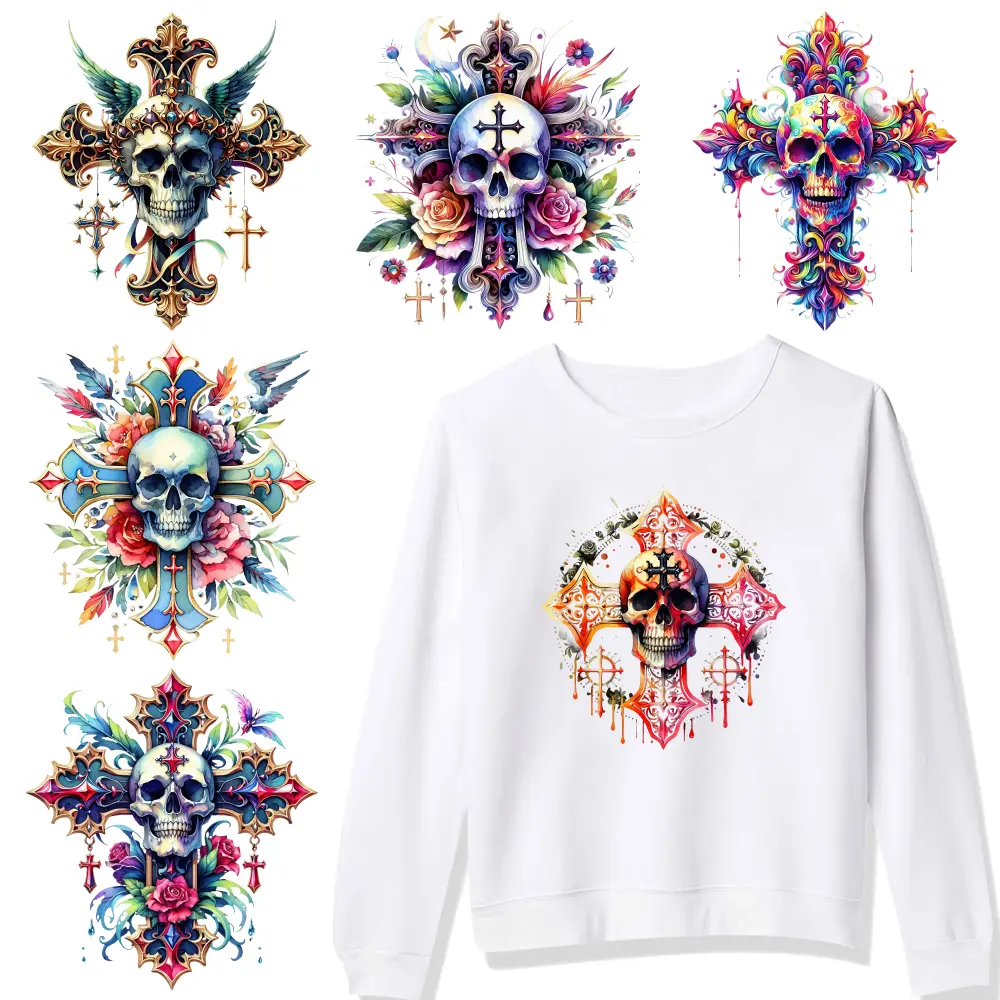 6 Pcs Skull Cross Iron on Transfers Iron on Decals for T Shirts Transfers Sticker On Clothes Easy to heat press decals DTF Transfers Ready for clothing, T-shirts, jeans, backpacks, hats, pillows. Washable heat transfer stickers