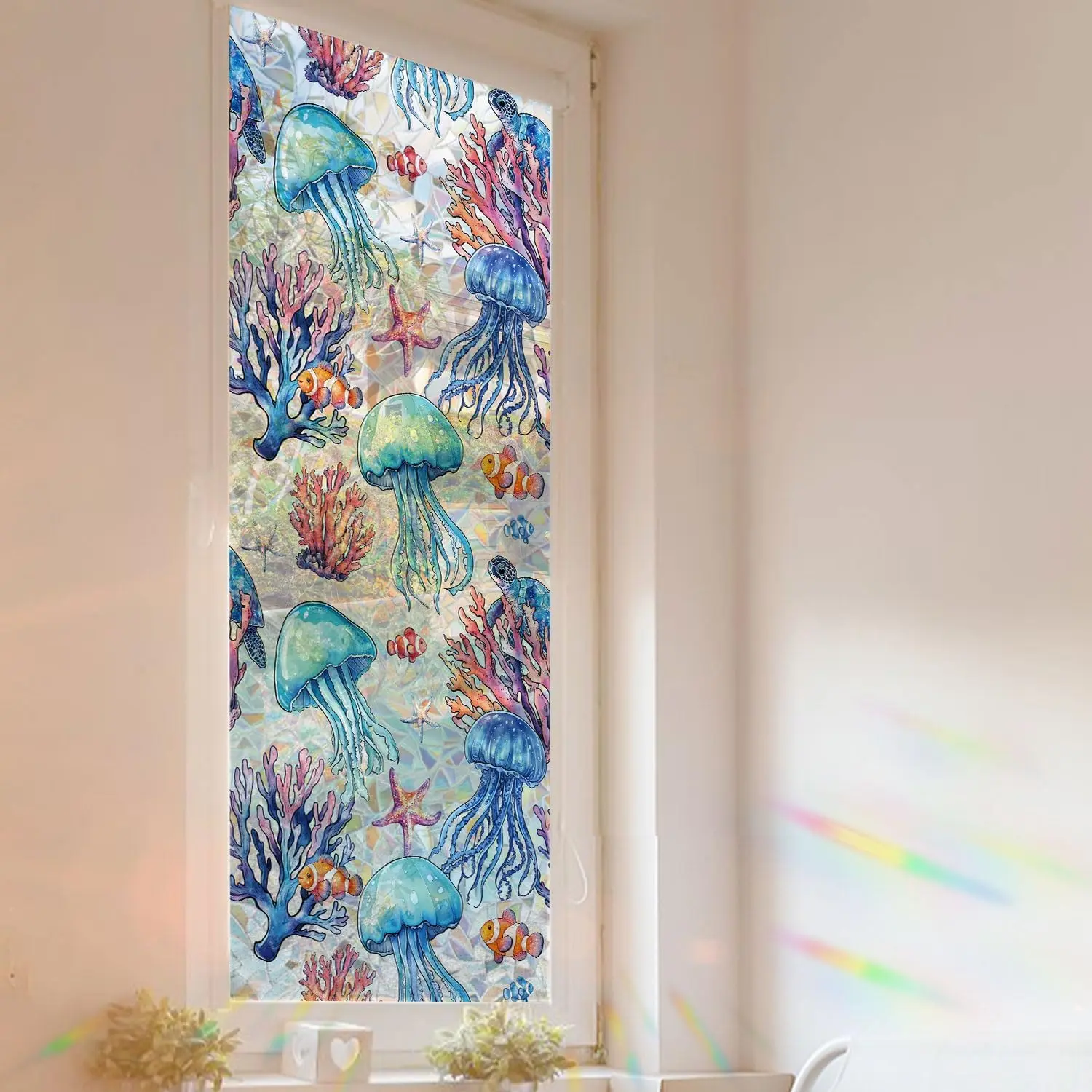 Stained Window Film, Ocean Style Decorative Windows Privacy Film 3D Clings Holographic Colorful Window Stickers Easy Apply Reusable for Home Room Office Decor