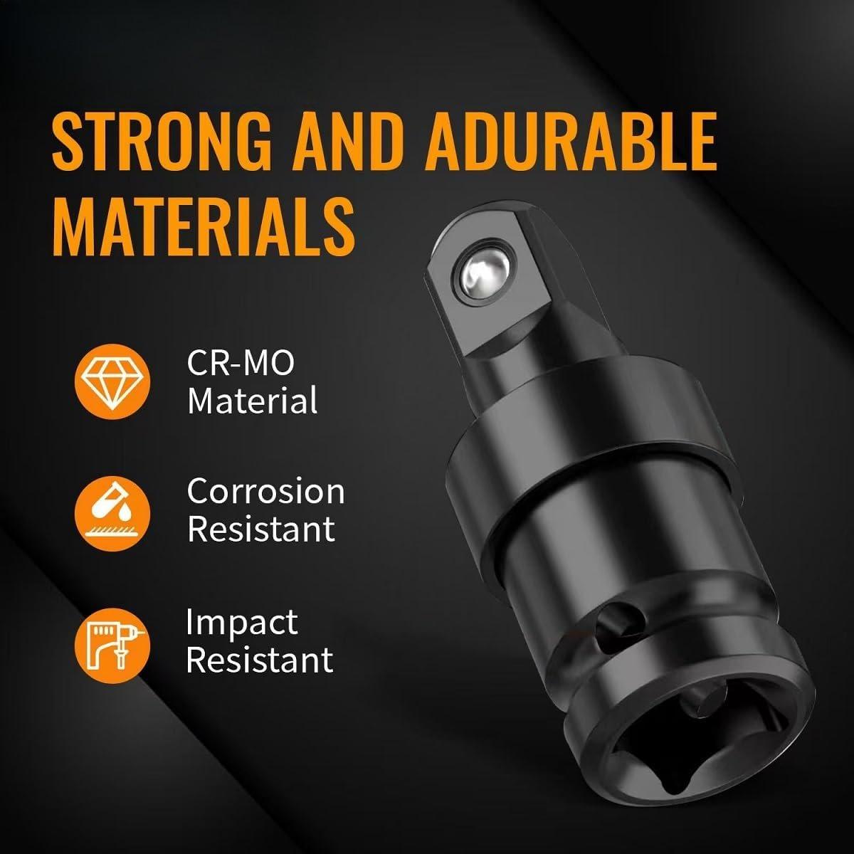 Swivel Socket Set, 3 count Impact Swivel Socket Set with 3 count Impact Socket Adapter, Wobble Socket, Impact Grade Universal Joint, Cr-Mo Steel, 1/4-Inch, 3/8-Inch, 1/2-Inch Drive/Adapter