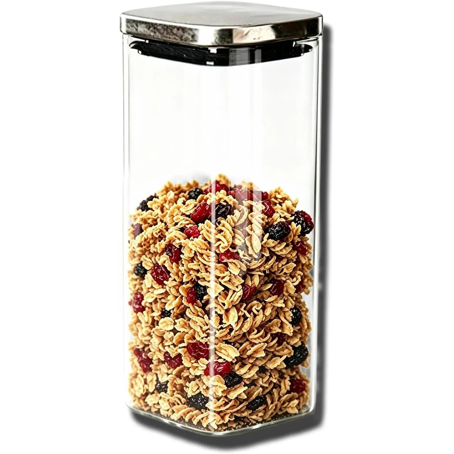 Granola Container, Glass Cereal Storage with Airtight Metal , Clear Stackable Dry  Canister for Oats, Cereal, Nuts, Pantry Kitchen Organizer Jar(1000ml)