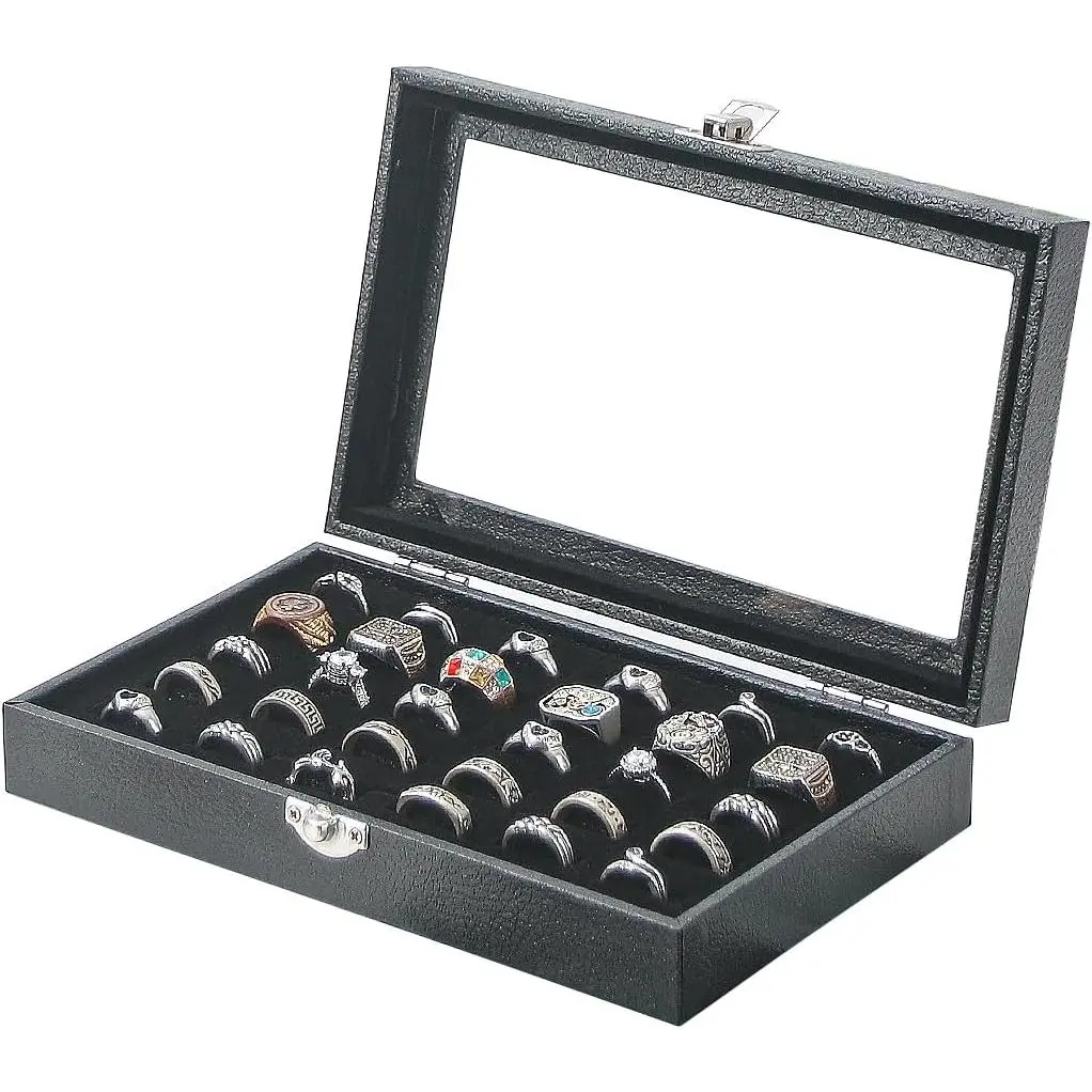 Ring Holder Organizer Box, Ring Display Case, Earring Necklace Storage Tray With Top Glass Lid (Black, 30 Slots Ring)