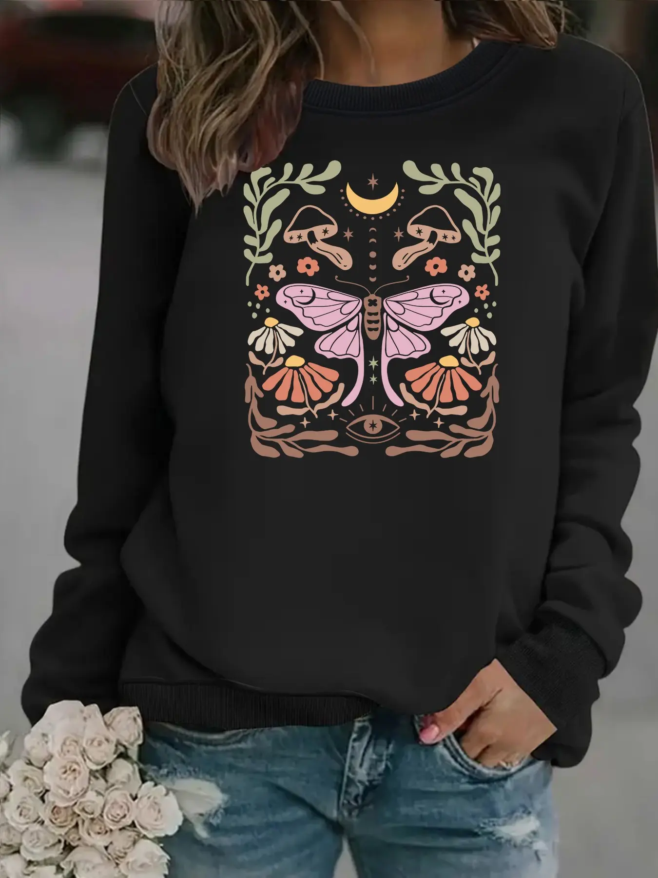 Women's Boho Floral Mushroom Butterfly Print Crew Neck Fleece Sweatshirt, Casual Long Sleeve Loose Fit, All Seasons Comfort