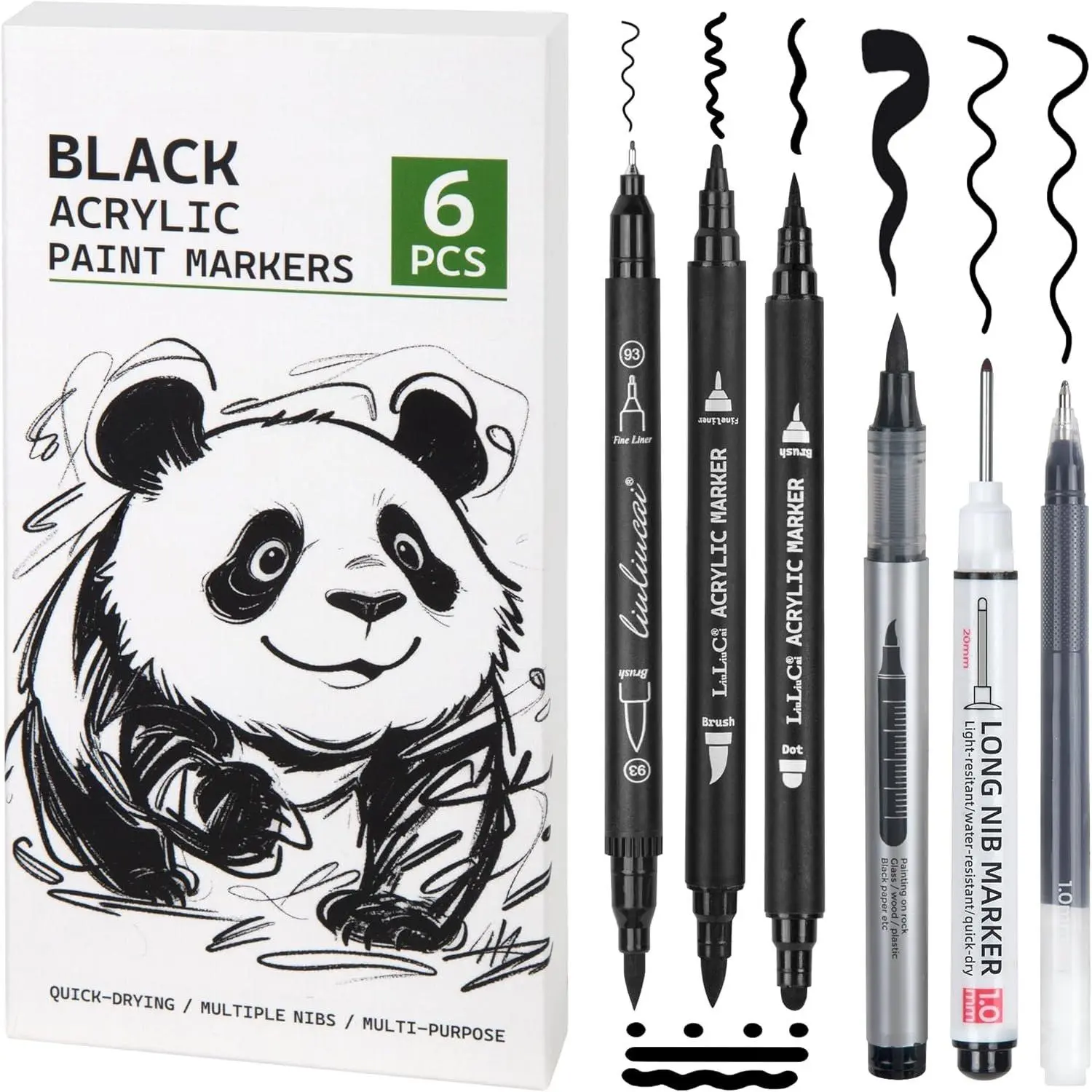 6 count Black  Pens– Fine Point Black Gel Pens, -Tip   Markers, Long Nib  Marker, Brush Tip Black Markers for Coloring Drawing Sketching Calligraphy Rock Painting