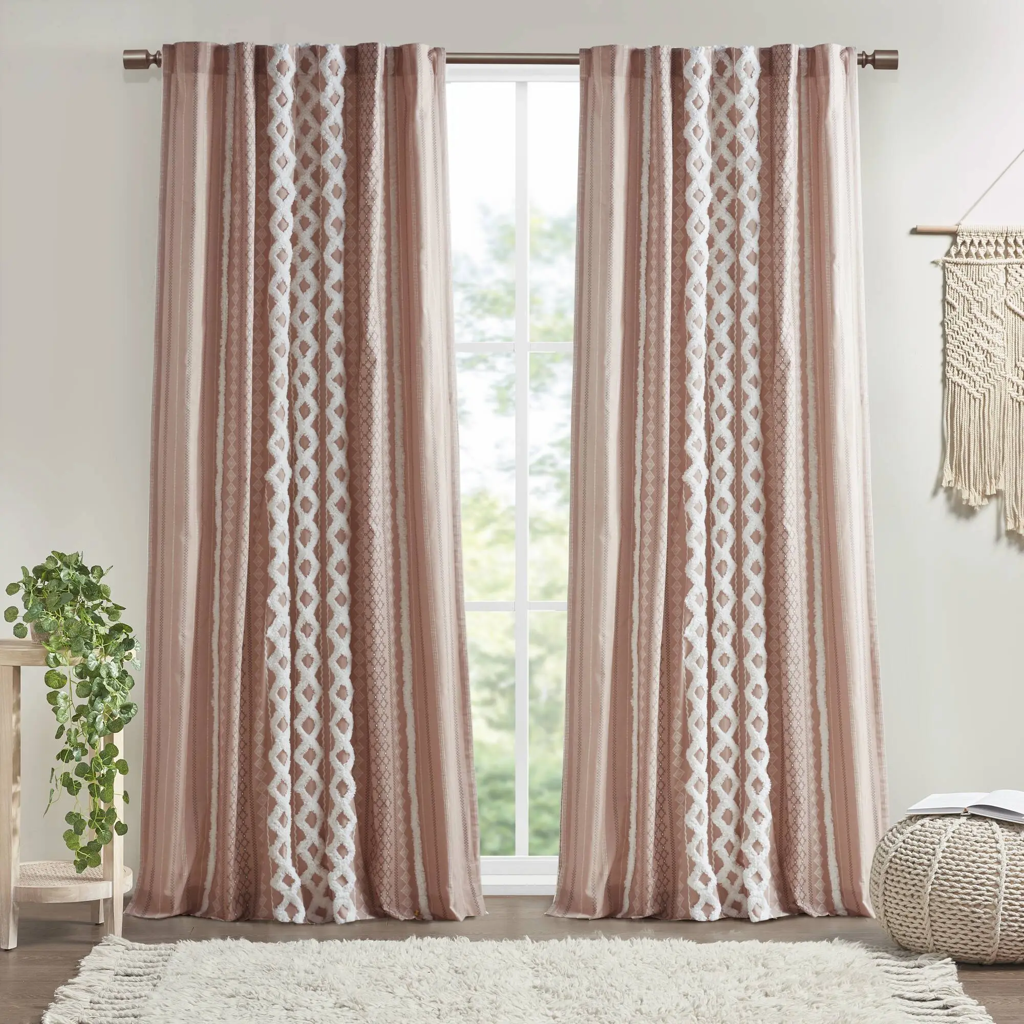 Nokaa 50x95 Inch Cotton Printed Window Curtain Panel with Chenille Stripe and Lining, Blush Pink, 1 Piece, Light Filtering Drapery for Living Room Bedroom, Rod Pocket Back Tab, Machine Washable