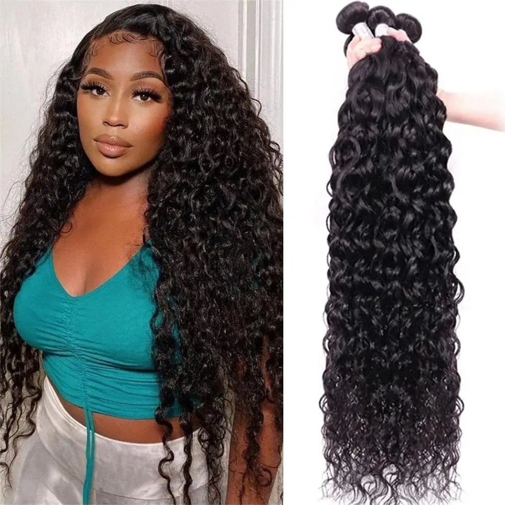 BINF Water Wave 1/3/4 Bundles Human Hair 10A Brazilian Curly Human Hair Bundles, Double Weft Water Deep Wave Bundles, Natural Black Color Wet and Wavy Hair Extensions