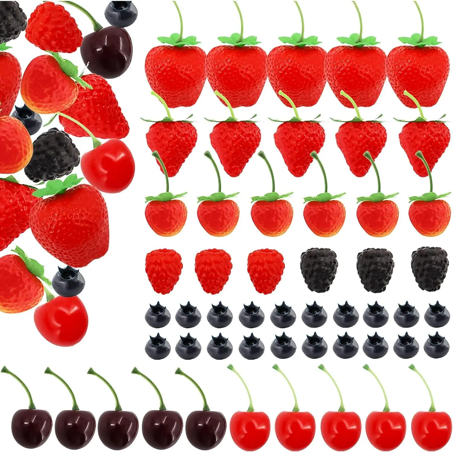 52 count Artificial  Fruit, Includes  Strawberries  Blueberries  Raspberries  Cherries,   Plastic Cake Dessert Party  Kitchen Decoration, Photography Props