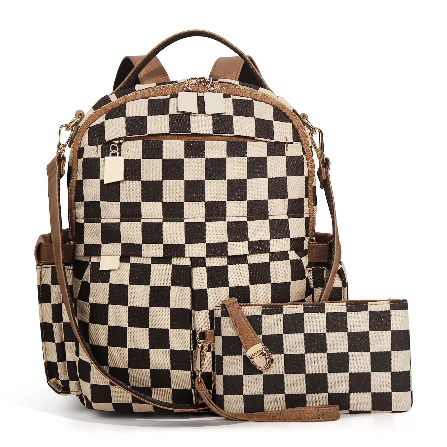 Checkerboard Print Backpack Set with Matching Wristlet Pouch - Multi-Pocket Casual Daypack with Extra Shoulder Strap, Large-Capacity Gym Backpack for Back to School Haul & Outdoor Travel, Zip, Backpacks For Women