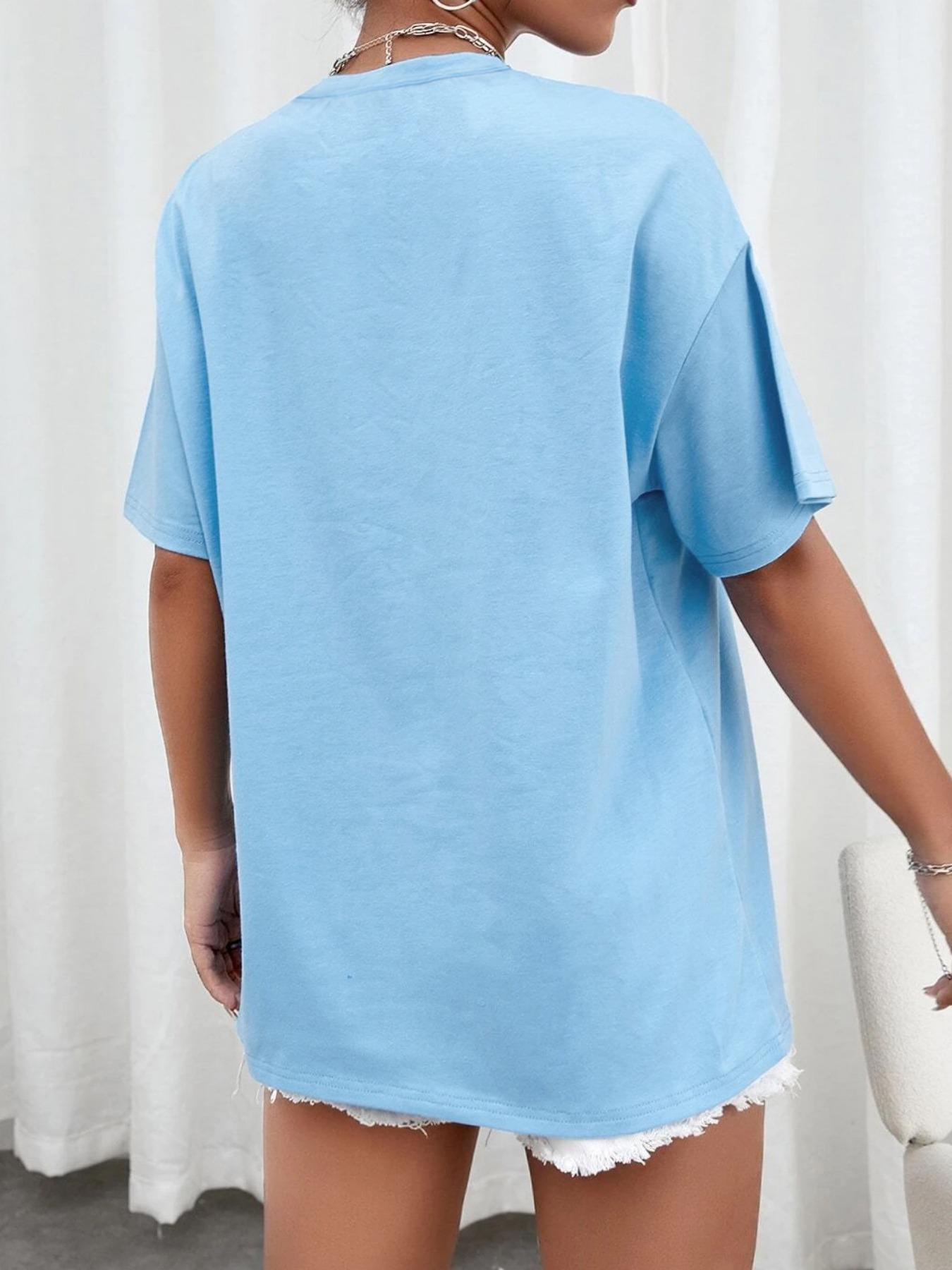 Women's Letter Print Drop Shoulder Jersey Tee, Summer Clothes Women, Back To School Outfits, Casual Street Half Sleeve Round Neck T-Shirt for Summer, Graphic Tees, T Shirts for Women, Women's Top for Daily Vacation Outdoor