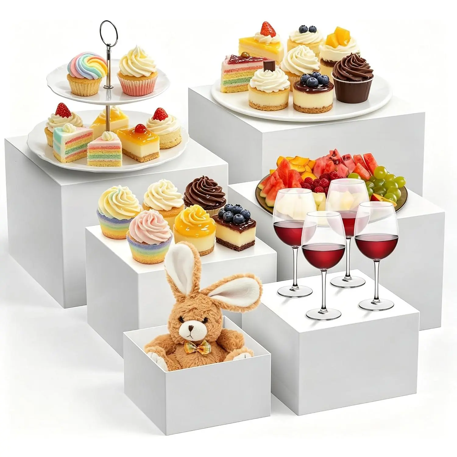Space-Saving Stackable Acrylic Display Risers – 6-Piece White Food Service Stand Set for Dessert Tables, Buffet, Bakery, and Retail Showcases – Nesting, Multi-Size Design, 5-10 inch