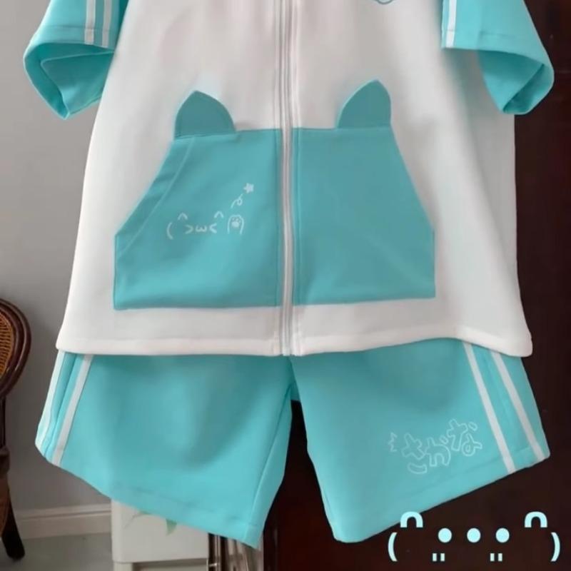 Hatsune Miku Hooded Short Sleeve Tracksuit Cat Ears Cartoon Hatsune Miku Drawstring Shorts Girls Holiday Gifts Casual Fashion