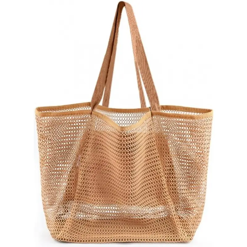 Beach Bags for Women, Summer Travel Mesh Tote Bag with Large Inner Pocket, Sandproof Woven Shoulder Handbag