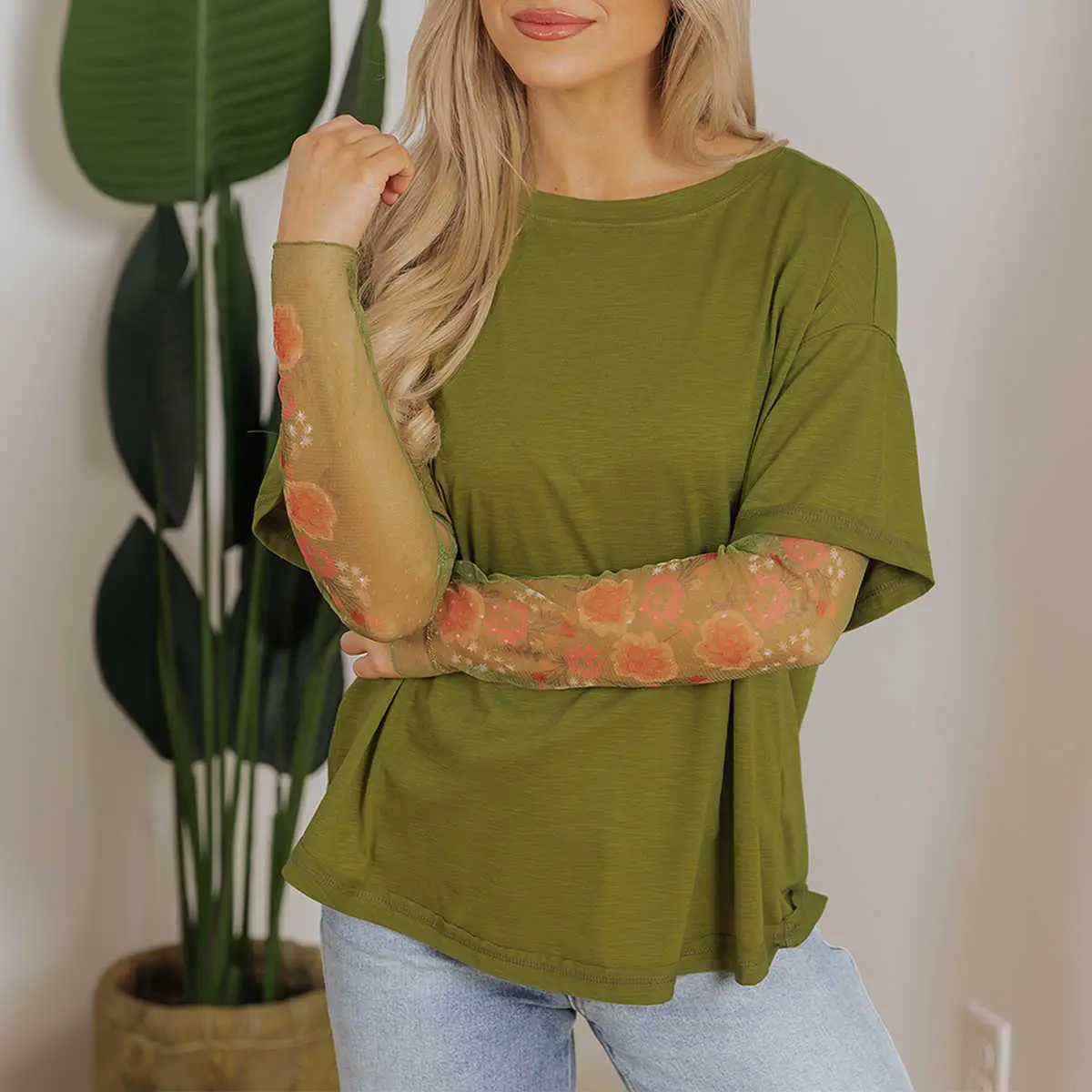 Women's Casual Blouse with Faux 2-Piece Floral Mesh Long Sleeves, Relaxed Fit Patchwork Design, Jeans, Pants, Loose, Tops