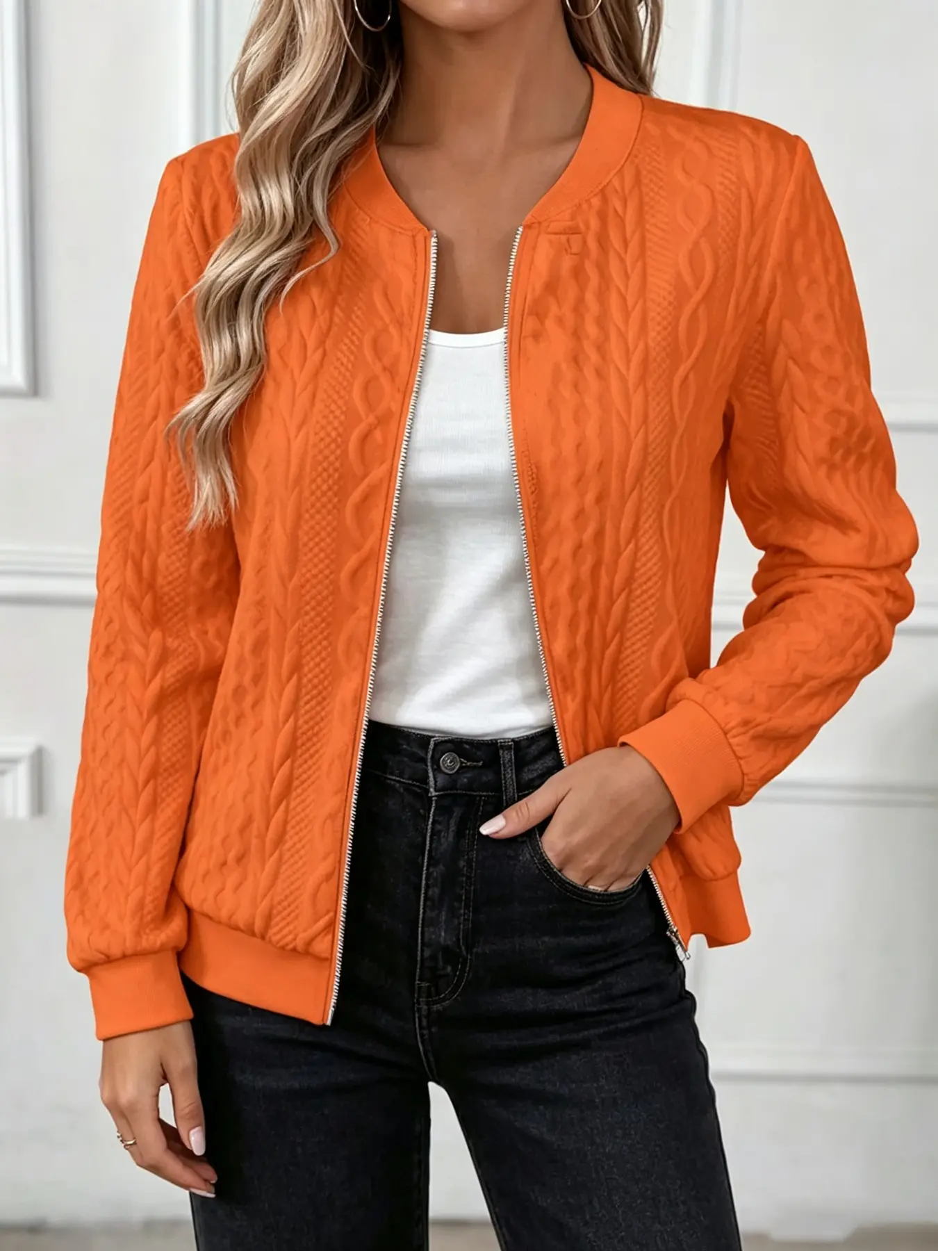 Women's Textured Full-Zip Baseball Jacket, Solid Color Ribbed Neck Short Coat, Perfect for Office Commute, Coffee Outing, Streetwear