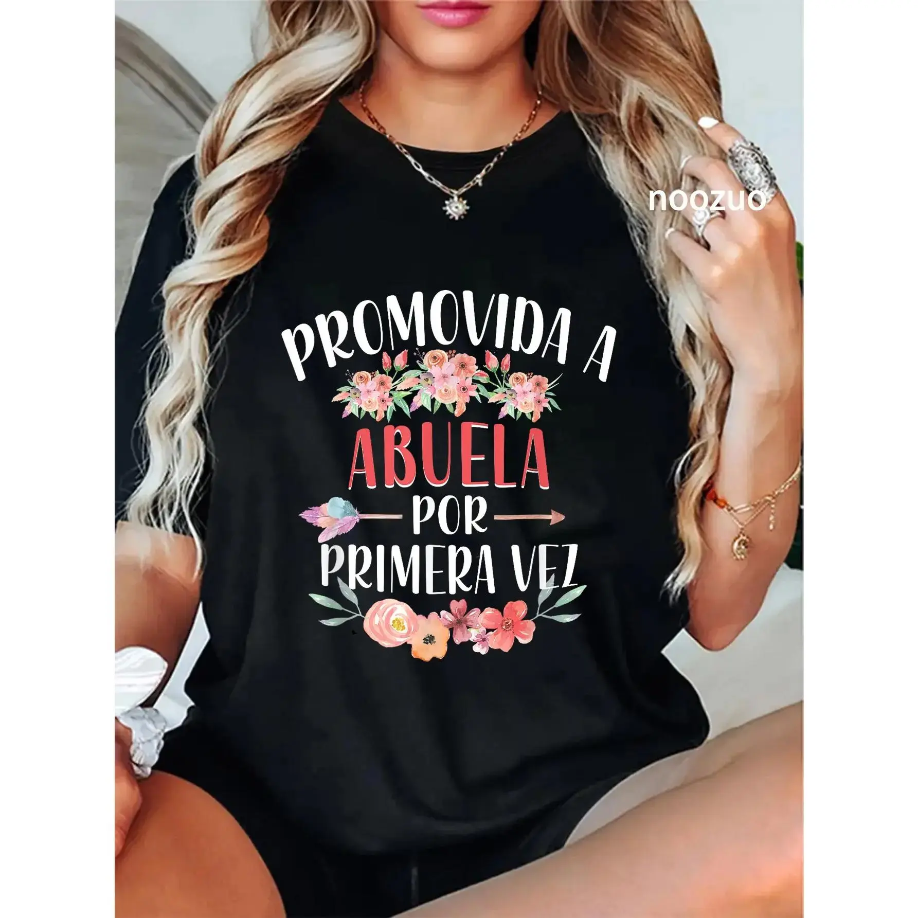 Women's 100% Cotton Short-Sleeve Vintage Print Unisex First Time Grandmother "Abuela Por Primera Vez" Floral Top, Fall Shirt, Tops, Shortsleeve, Casual, Round Neck, Everyday, Graphic, Pure Cotton, Vintage Floral, Normal Type