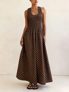 Polka Dot Sleeveless Long Dress, U-Neck A-Line Skirt, Vintage Y2K Style Chic Casual Dress, Polka Dot Dress, Elegant Daily Wear, Soft Long A-Line Umbrella Skirt