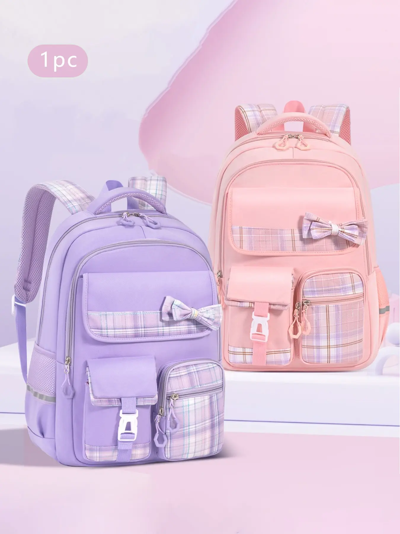1Pc Lavender Plaid Spliced Backpack Plaid Bow Ornament Multi-layer Zip Pockets Mesh Padded Shoulder Straps Side Mesh Bottle Slots for Campus Study Library Work Weekend Casual Outings