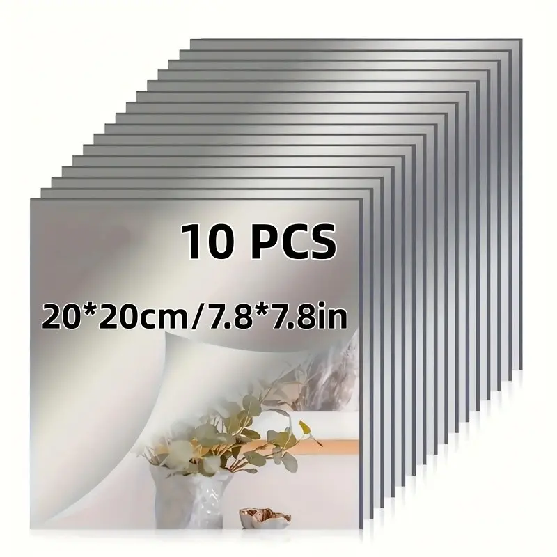 10Pcs Large Acrylic Mirror Wall Stickers, Square 20*20cm, Self-Adhesive Frameless Decor Mirror Tiles, DIY Wall Decor for Bedroom, Bathroom and Home