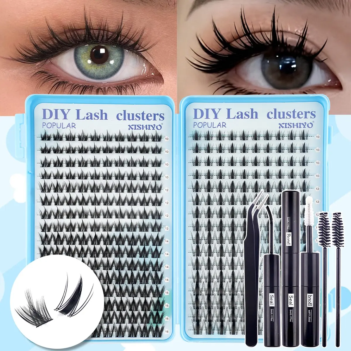 320PCS D Curl Puppy Eye & Maple Leaf DIY Lash Cluster Kit with Glue Tweezers Brush, Middle Lift Droopy Sides Soft Fluffy, Maple Leaf Wet Look, Spiky Fairy Anime Style for Cosplay Holiday Date Party Daily Makeup Eyelash Extensions