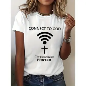 Women's Prayer T-Shirt - Connect to God Jesus Fun Religious Letter Print Short Sleeve Crew Neck Top, -Based Casual Summer Spring Tee for Church Outfits & Spiritual Wear