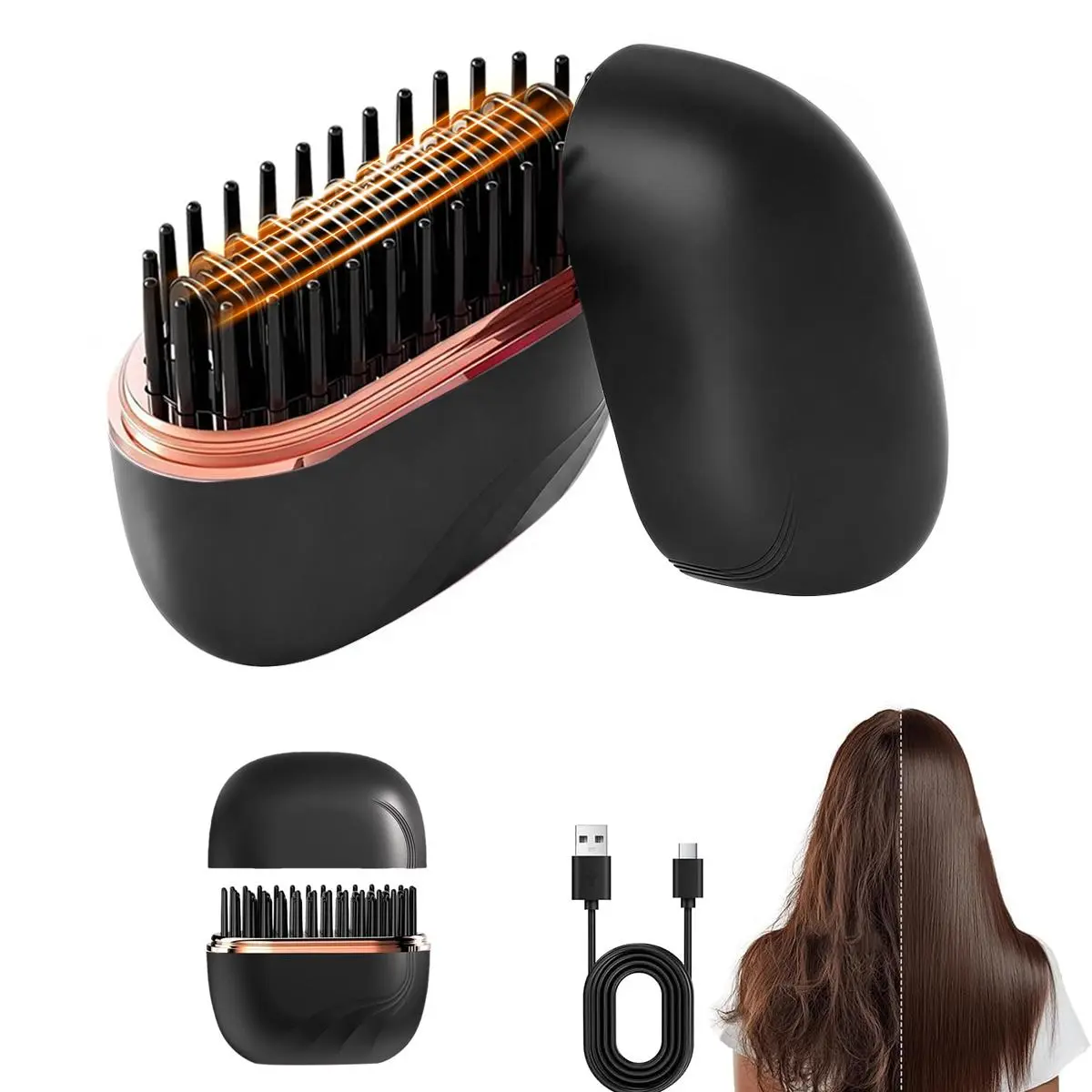 Mini Hair Straightener – Cordless 2-in-1 Heated Comb & Iron for Travel, USB-C Rechargeable with 3-Speed Temp Control (160/180/200°C), Portable Anti-Frizz Styling Brush, Multifunctional Hair Styler for Home & Travel