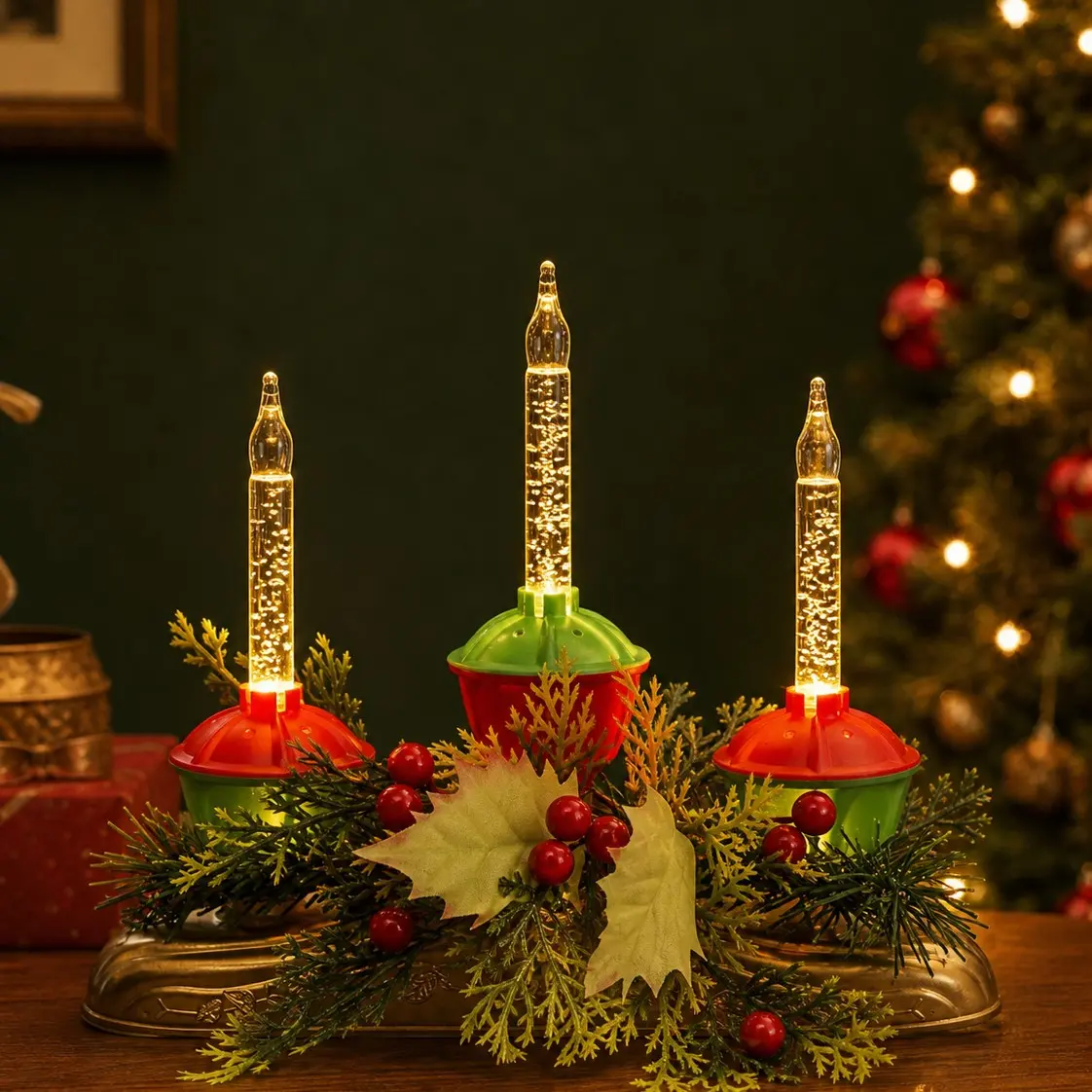 Vintage Christmas Bubble Light Candle Holder, Festive Home Decor, Retro Bubble String Lamp Candle Stand, Holiday Table Centerpiece Gift