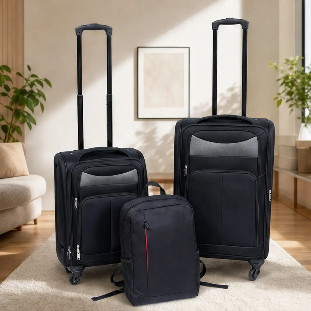 ARCH 20+24 Inch Two-Piece Softside Luggage Set with Backpack, Oxford Fabric Travel Suitcase Trolley Case, 360° Silent Universal Wheels, Ergonomic Handle, Black, Ideal for Travel, Business, and Weekend Trips, Black Color Options, Fabric+Metal Material