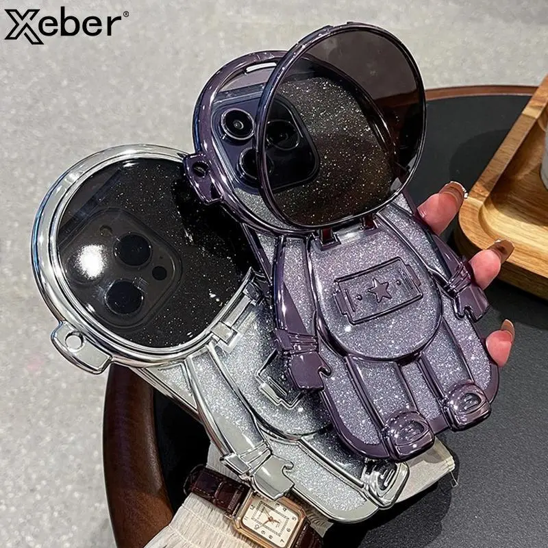 Plating 3D Astronaut Fold Lens Camera Protection Case For iPhone 15 16 Pro Max 14 Plus 13 12 11 Glitter Clear Shockproof Cover