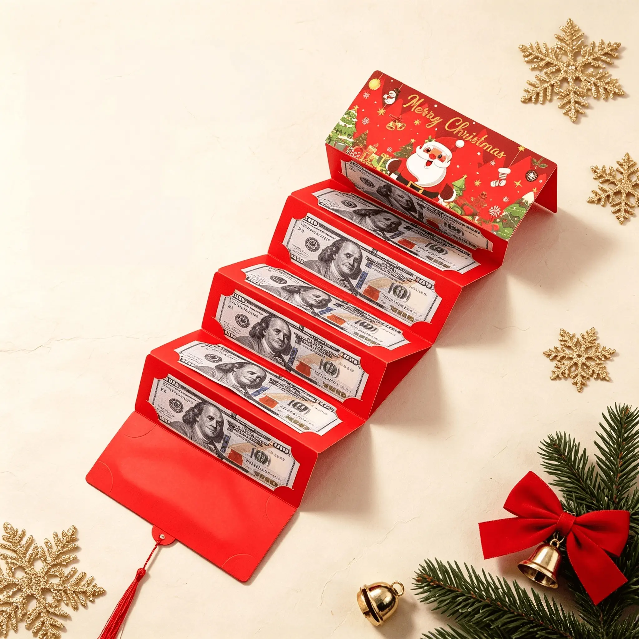 Christmas Cash Gift Envelope, Surprise Christmas Gift, Santa Dollar Folded Envelope, 10 Slot Multi-Function Cash Holder, Suitable for Any Recipient