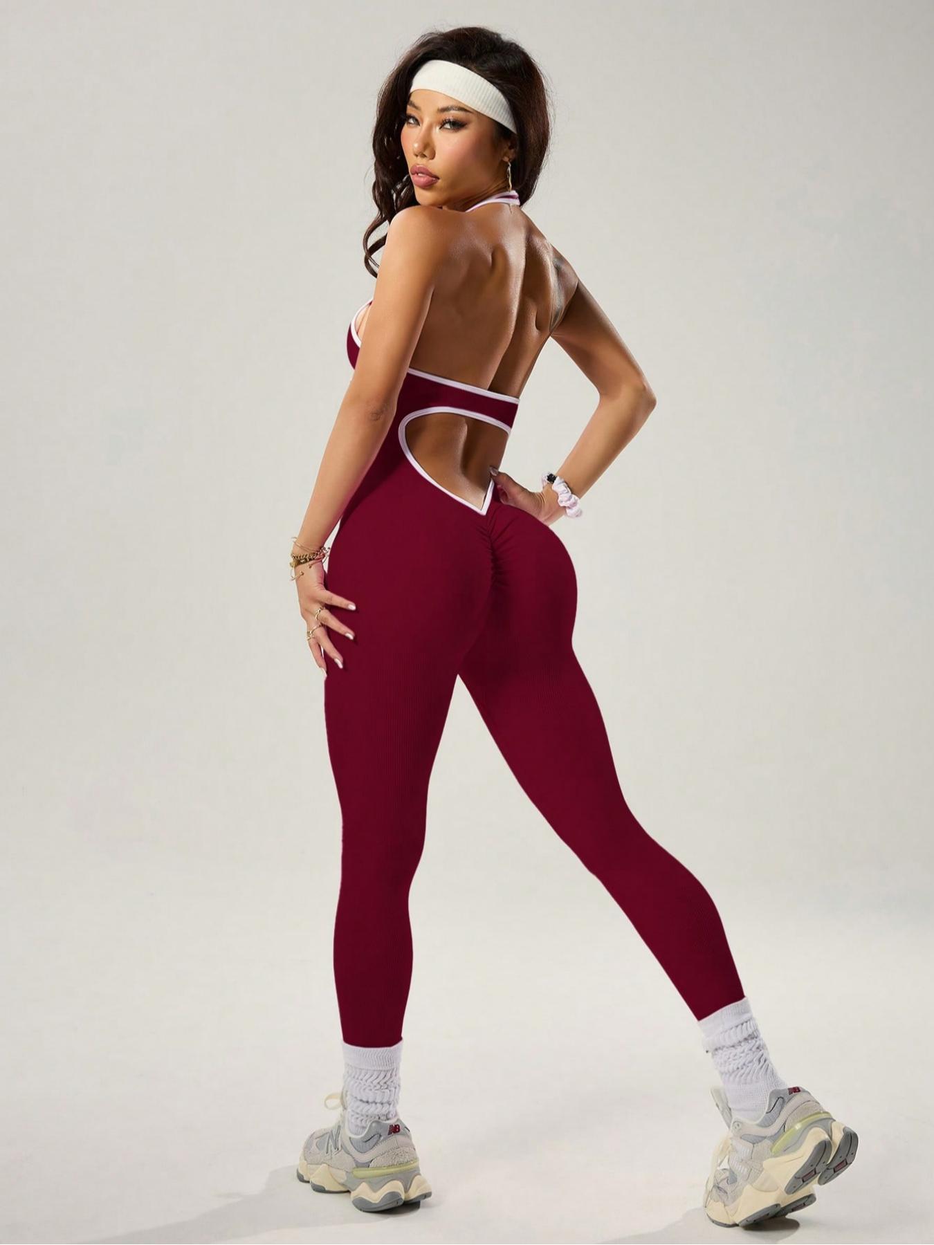 Women's Solid Color Contrast Trim Halter Neck Sports Bodysuit, Slim-fitting Casual Sporty Breathable Comfortable Ruched Backless Sleeveless Jumpsuit for Yoga Gym Workout, Ladies Sportswear for All Seasons, Sporty Comfy Jumpsuit